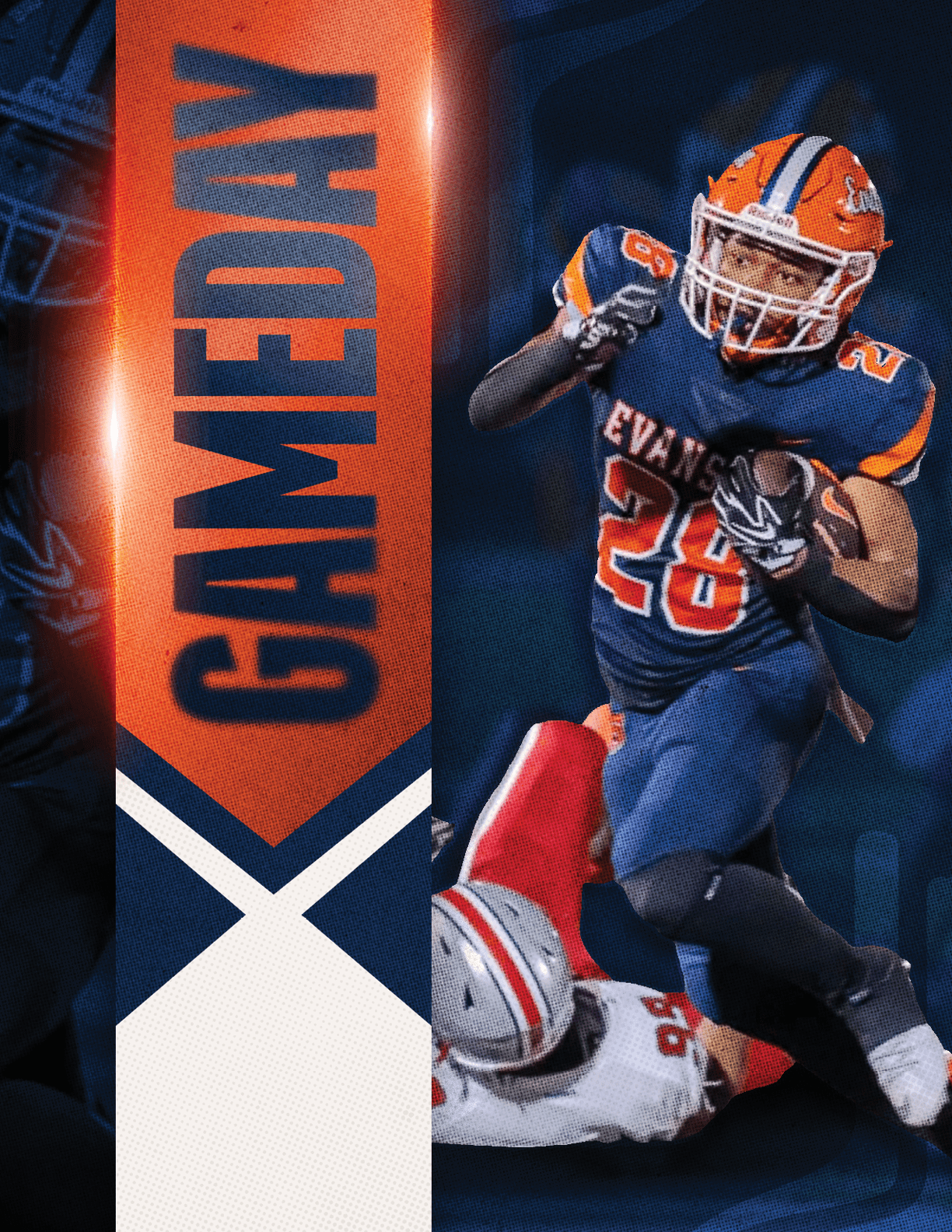 A person in a blue and orange football uniform is running with the ball while another person in a white and red uniform is on the ground attempting to tackle them, with a vertical banner reading “GAMEDAY" beside them. Description generated by AI