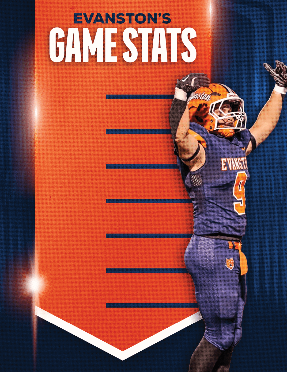 A person in a football uniform with the number 9 is celebrating with arms raised next to a graphic titled Evanston's Game Stats on an orange and blue background. Description generated by AI