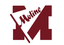 A stylized maroon letter M with the word “Moline" written diagonally across it in a cursive font. Description generated by AI