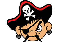 A cartoon pirate wearing a black hat with a red trim and a white skull and crossbones symbol, with one eye covered by an eye patch. Description generated by AI