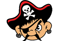 A cartoon pirate wearing a black hat with a red trim and a white skull and crossbones symbol, with one eye covered by an eye patch. Description generated by AI