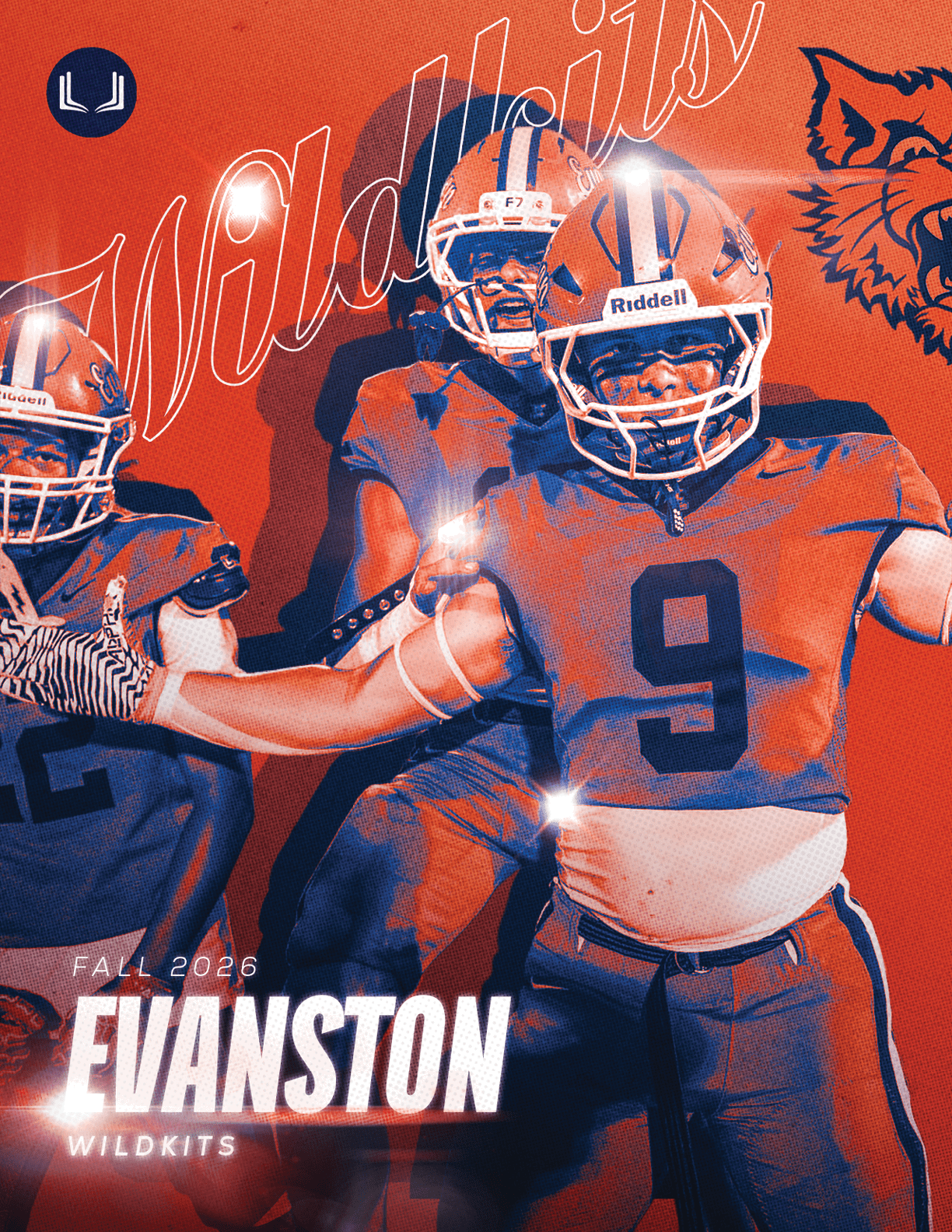 Three people in football uniforms with helmets pose energetically against an orange background with the text Evanston Wildcats. Description generated by AI