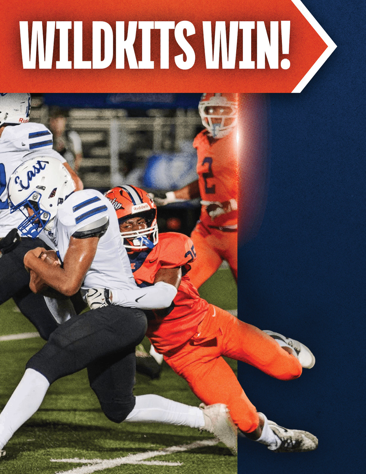 A person in an orange uniform tackles a person in a white and blue football uniform during a game with a banner above stating Wildkits Win. Description generated by AI