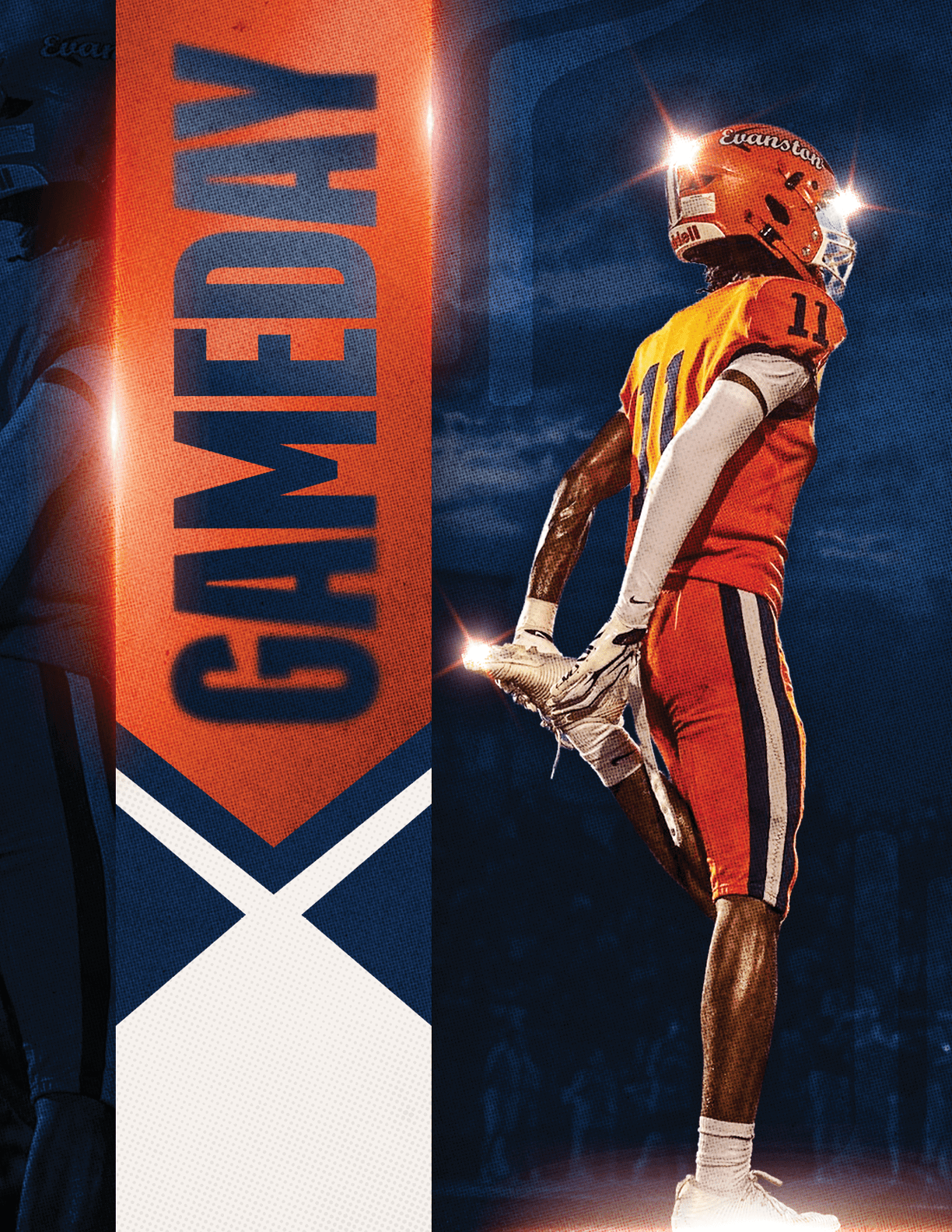A person in an orange and blue football uniform is stretching one leg behind while standing next to a vertical banner with the word GAMEDAY in bold letters. Description generated by AI