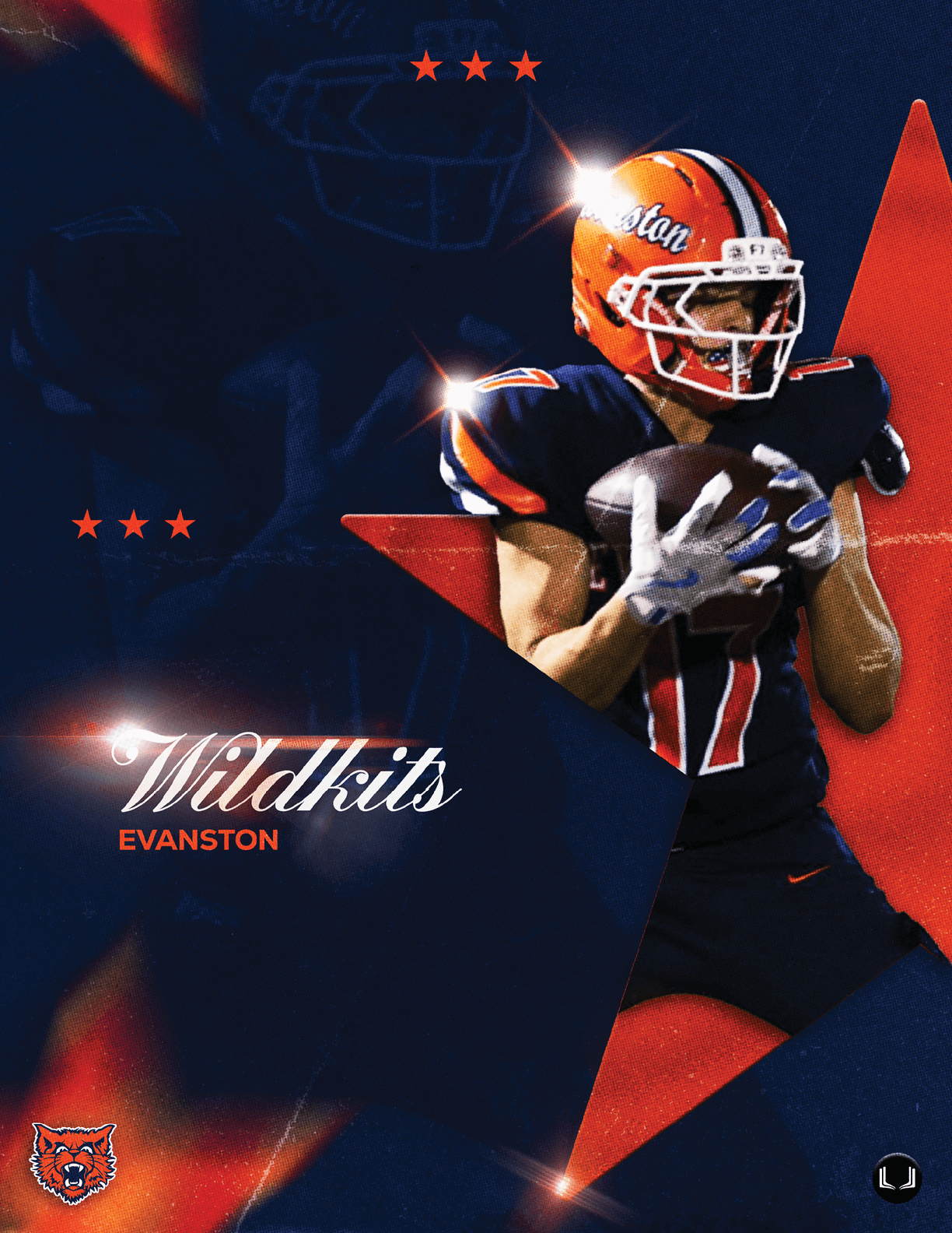 A person in a football uniform and helmet is holding a football against a background featuring a large orange star and the text Wildkits Evanston. Description generated by AI