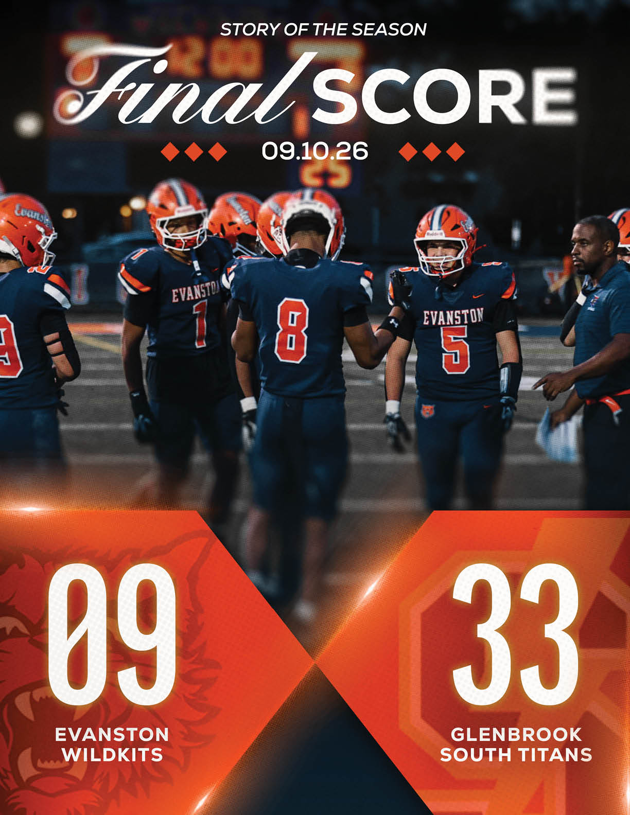 A group of football players in Evanston Wildkits uniforms stand on the field with the final score showing Glenbrook South Titans defeating Evanston Wildkits. Description generated by AI