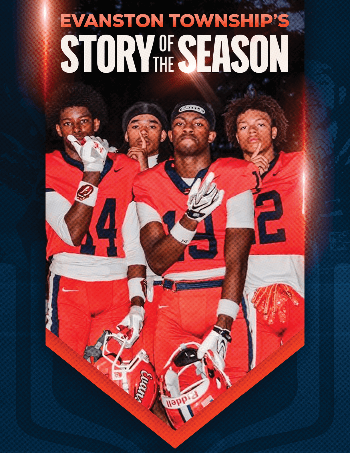 Four adults wearing red football uniforms pose together holding helmets under the text “Evanston Township's Story of the Season." Description generated by AI