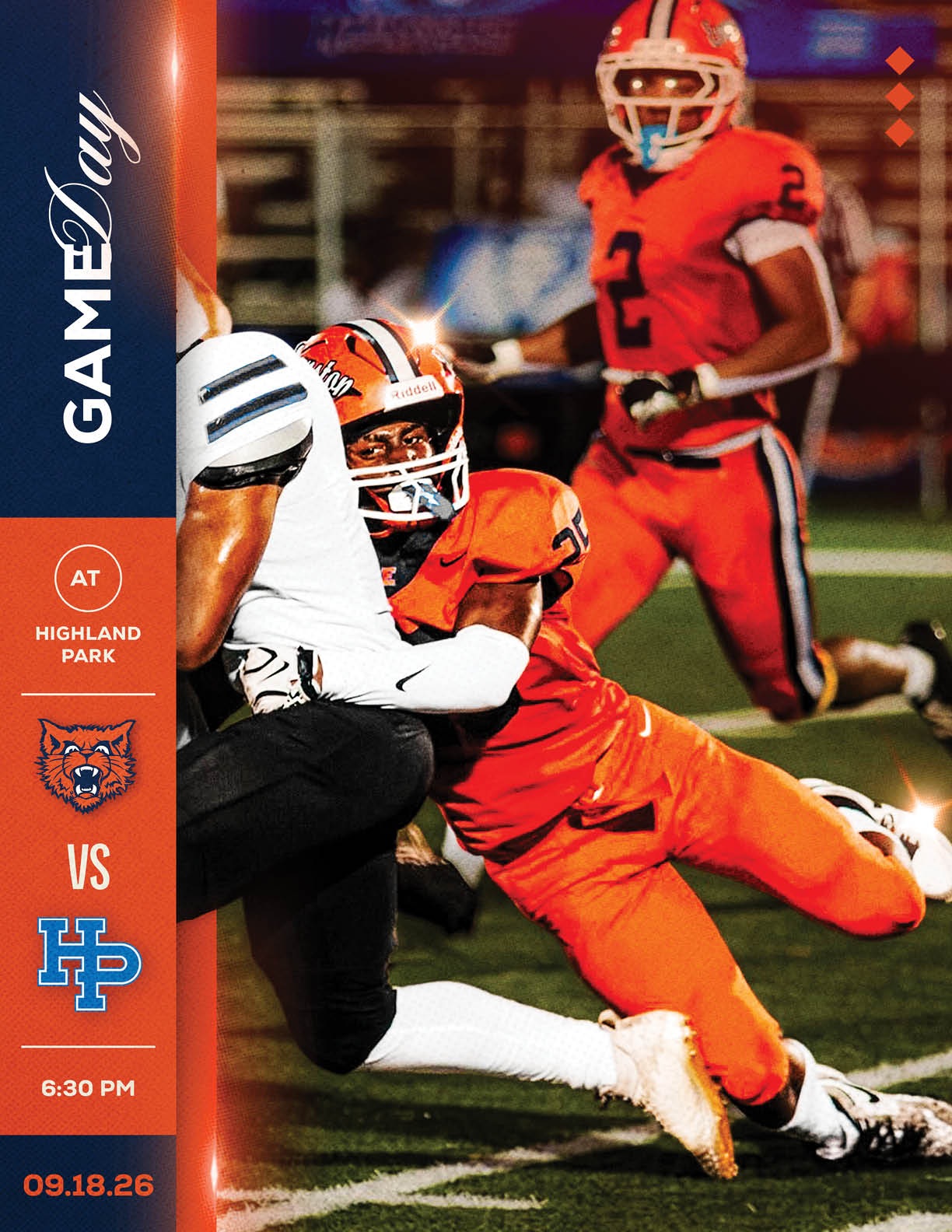 A person in an orange football uniform tackles a person in a white uniform on a football field during a game between teams with tiger and HP logos, scheduled for 6:30 PM on 09.18.26 at Highland Park. Description generated by AI