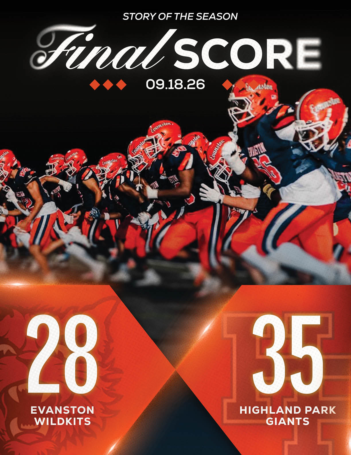 A group of football players in red and black uniforms are running on a field with a scoreboard showing the final score of a game between Evanston Wildkits and Highland Park Giants. Description generated by AI