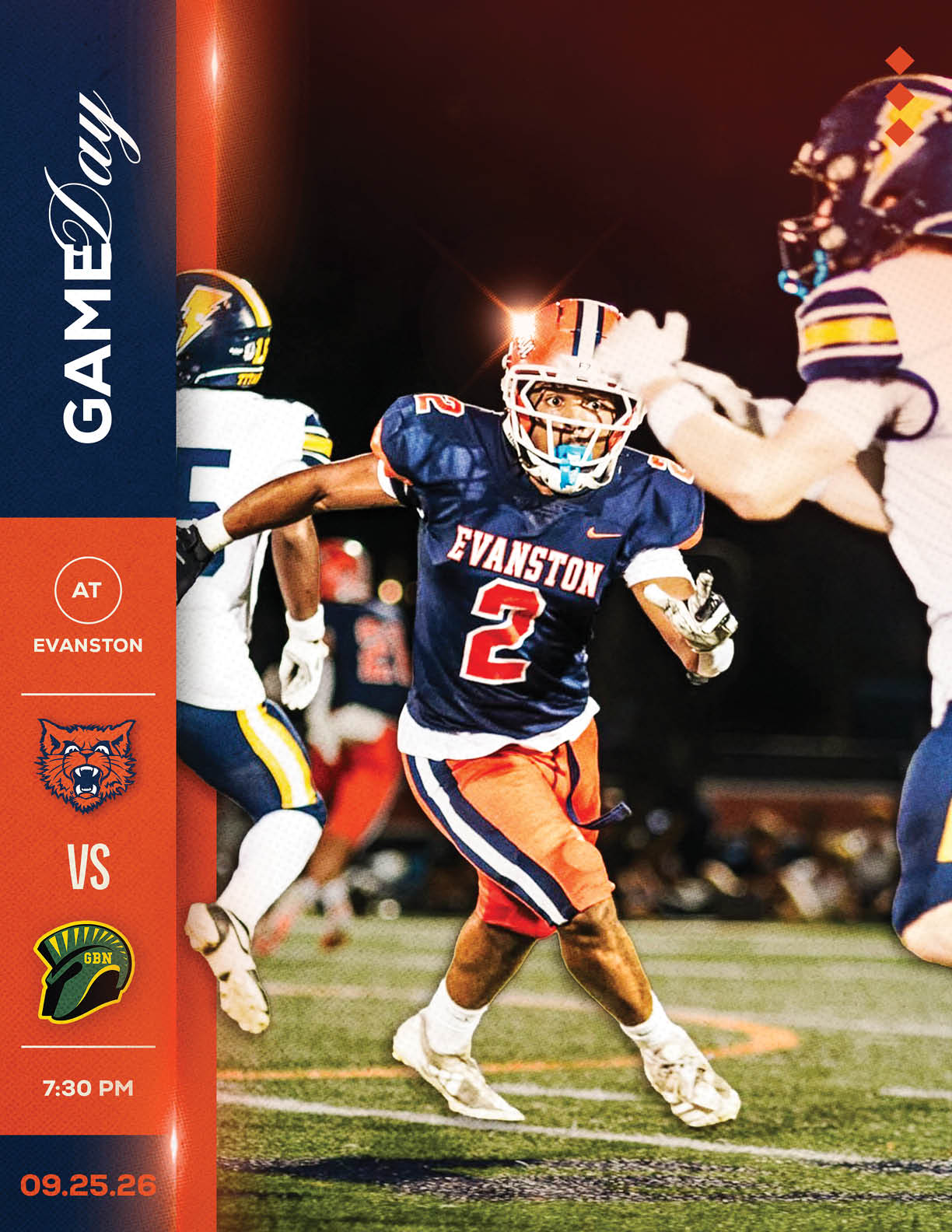 A person in an Evanston football uniform is running on a field while two opposing players in white and blue uniforms approach, with a game day graphic showing Evanston versus an opponent at 7:30 PM on September 25, 2026. Description generated by AI