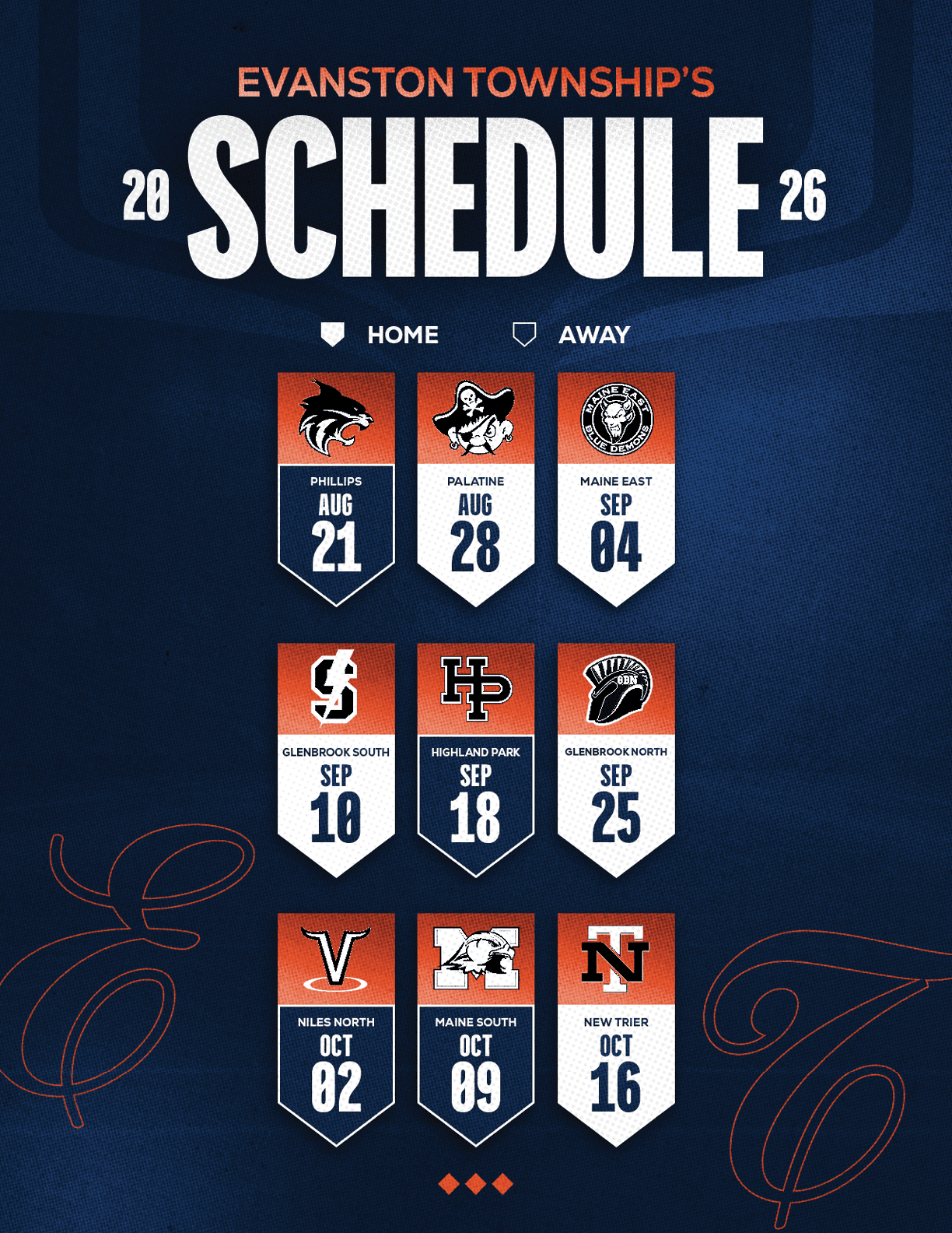 Evanston Township's 2026 sports schedule displays home and away games with team logos and dates in a bold, modern design on a dark blue background. Description generated by AI