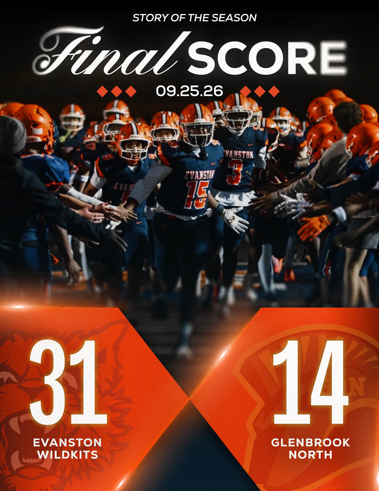 A group of football players in dark uniforms run through a tunnel formed by teammates and coaches wearing orange helmets and gear with a final score graphic showing Evanston Wildkits defeating Glenbrook North. Description generated by AI