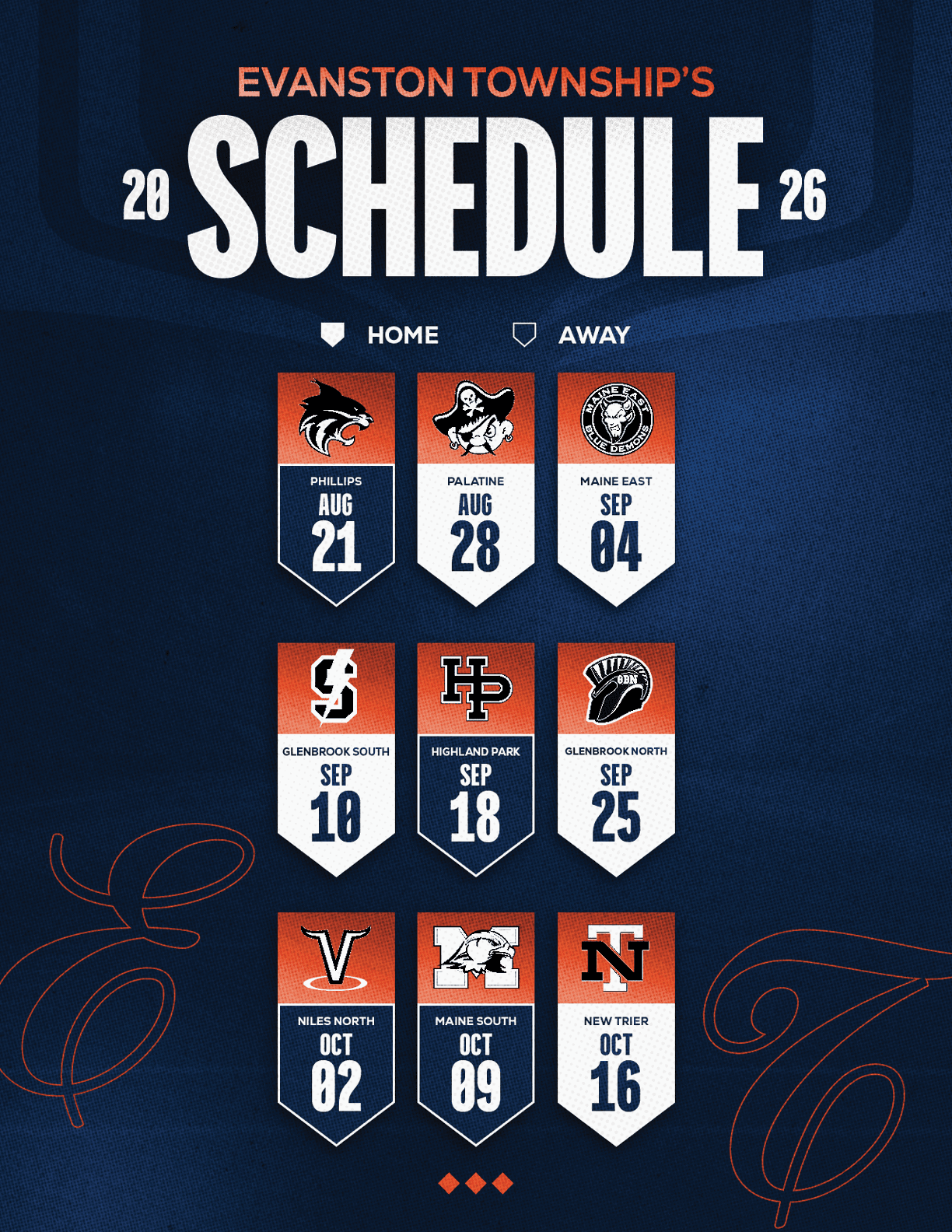 Evanston Township's 2026 sports schedule displays home and away games with team logos and dates in a bold, modern design on a dark blue background. Description generated by AI