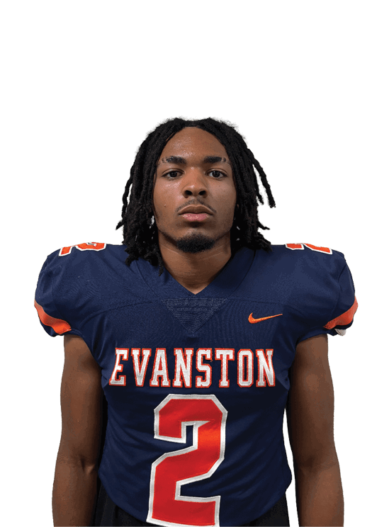 Person with shoulder-length dreadlocks wearing a navy blue football jersey with the word Evanston and the number two in red and white. Description generated by AI