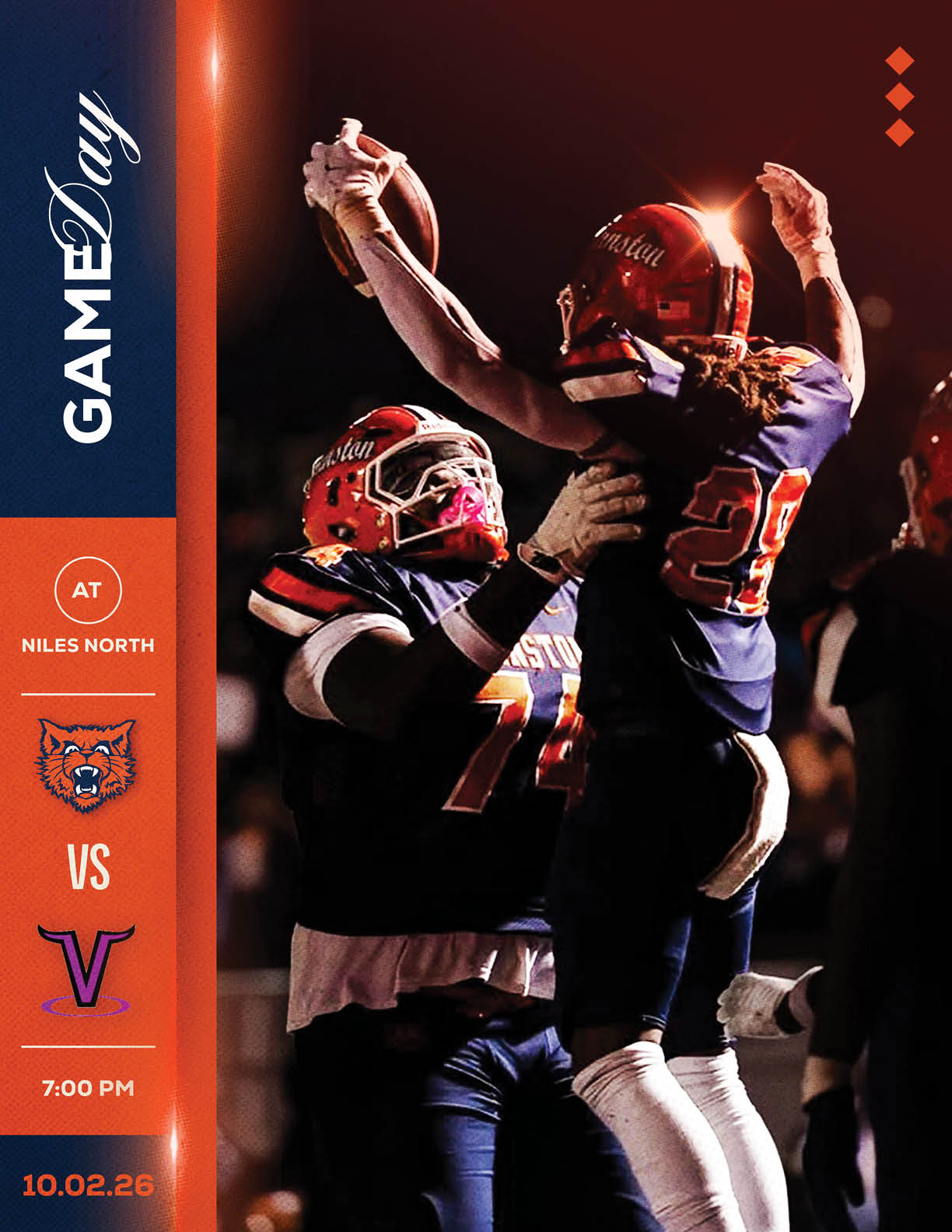 Two football players in dark uniforms and red helmets celebrate on the field with one player lifting the other while the text indicates a game day between Niles North and another team. Description generated by AI