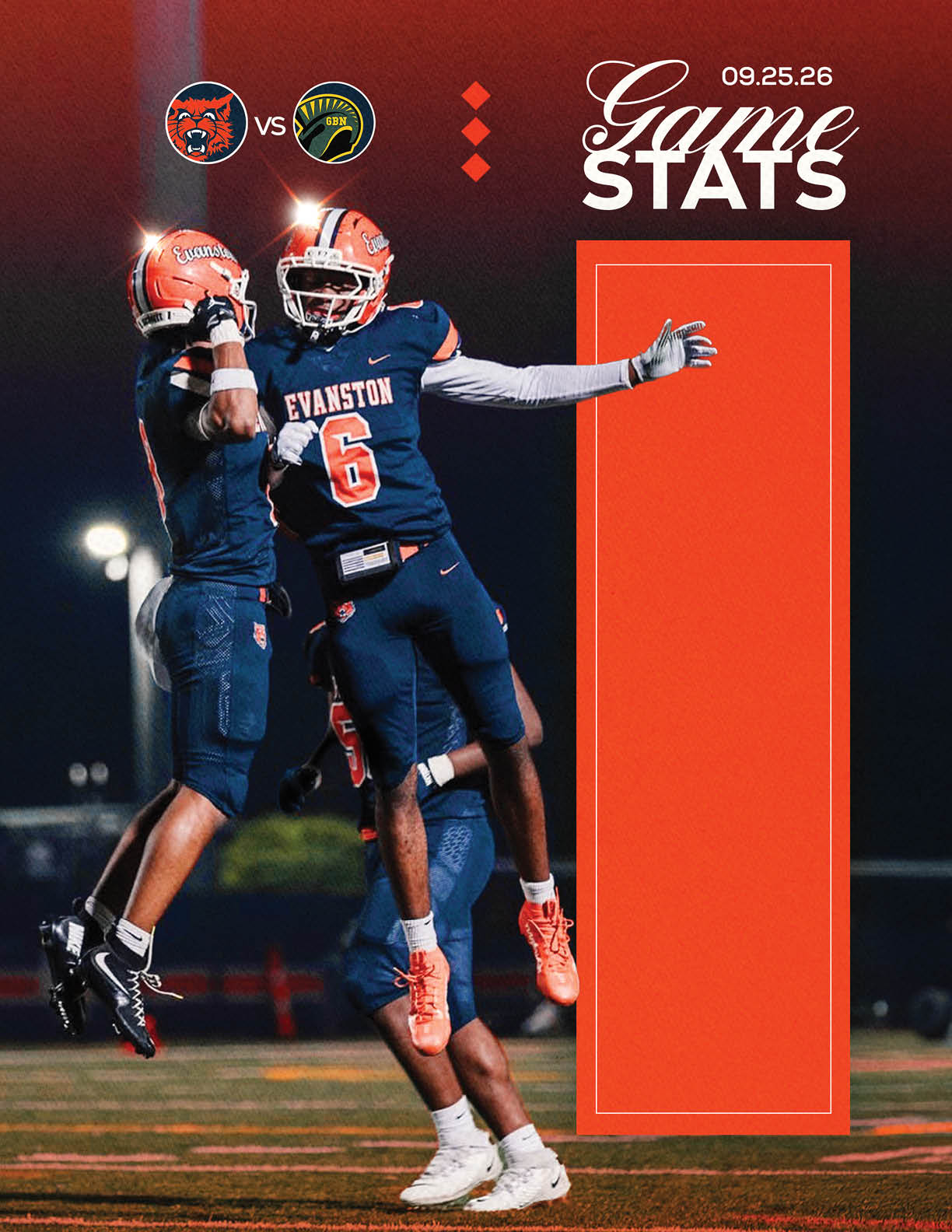 Two people in football uniforms jump and celebrate on a field at night with game stats and team logos displayed above them. Description generated by AI