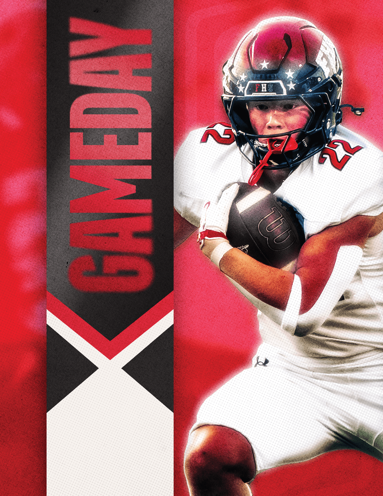 A football player is tackled by another player. Description generated by AI