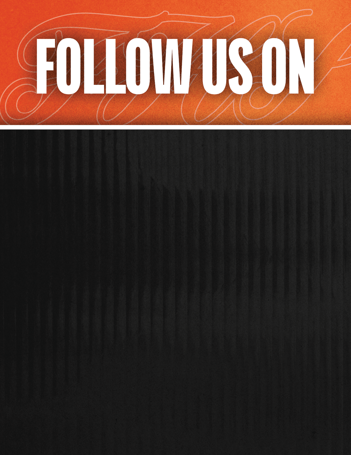 A black and red sign that says Follow Us On. Description generated by AI