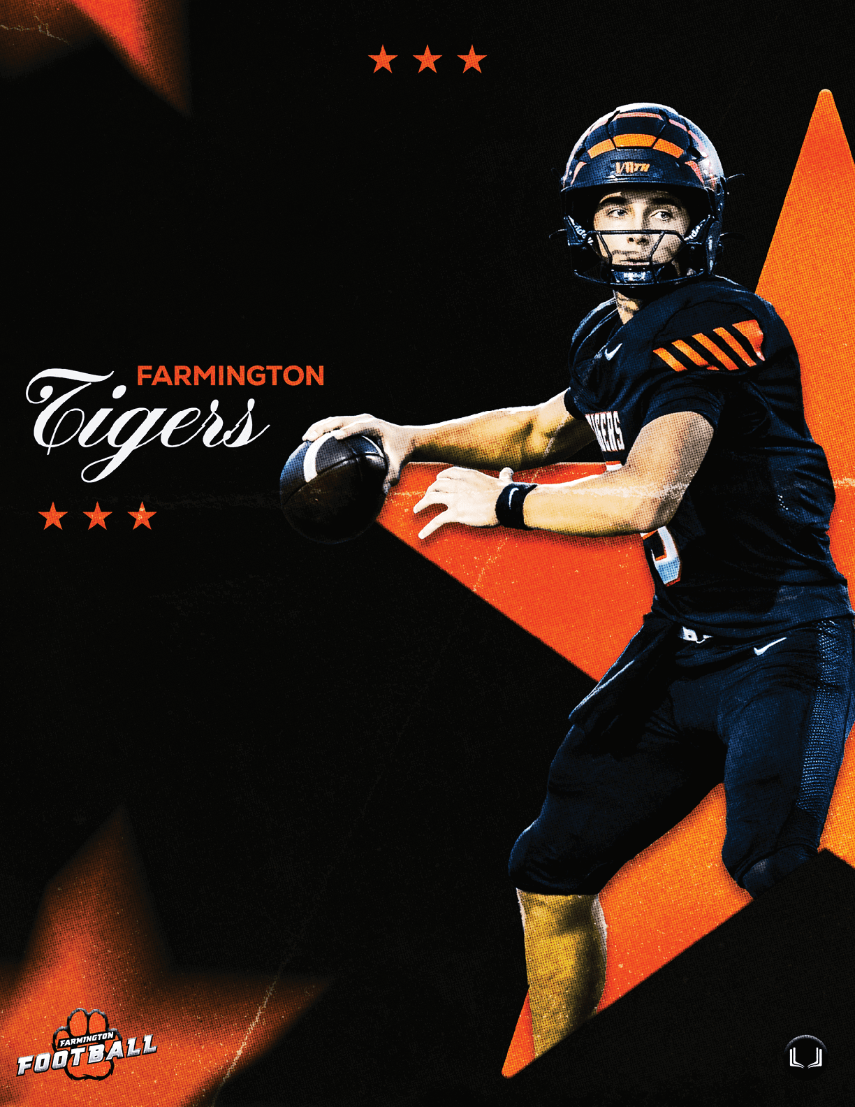 A football player wearing a blue and white uniform. Description generated by AI