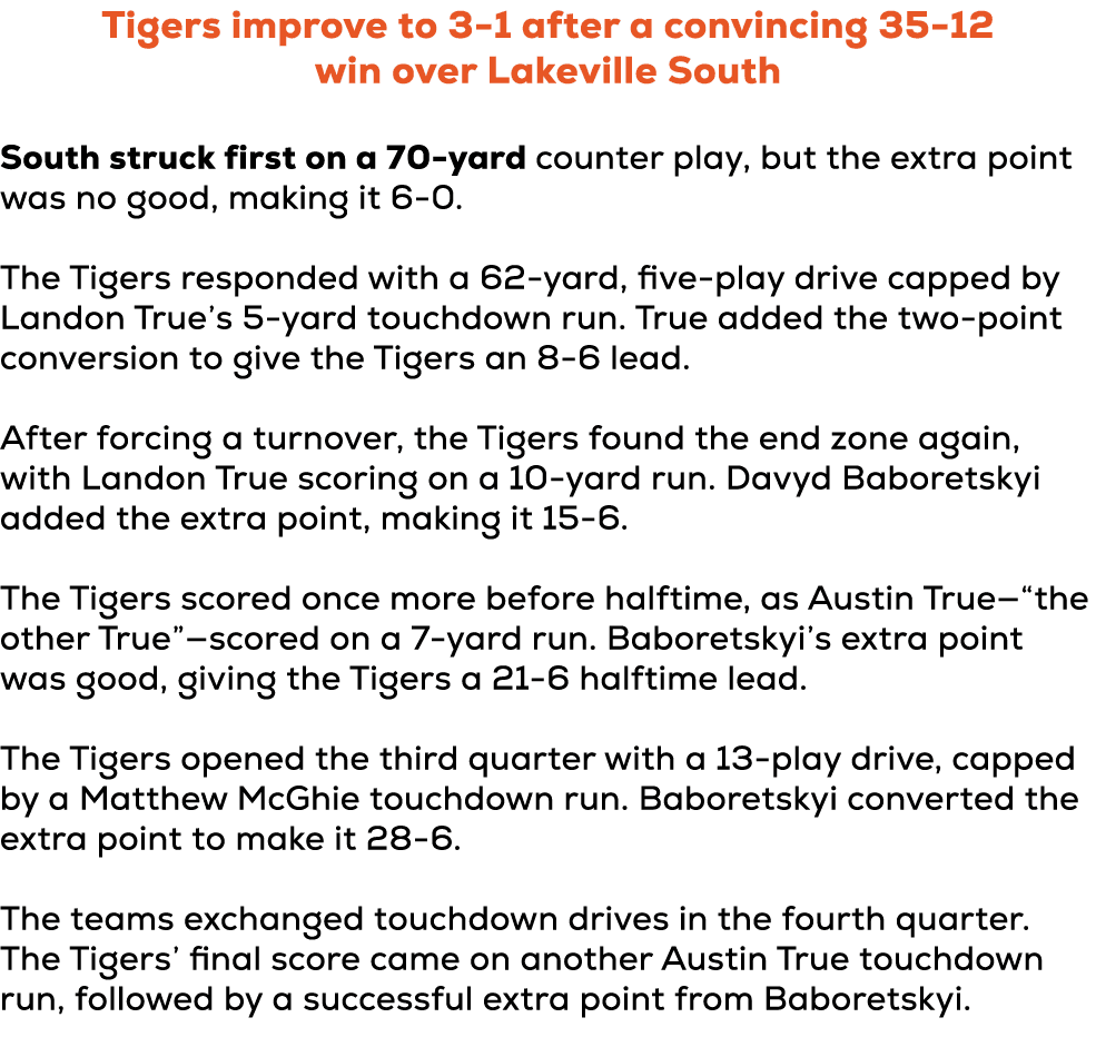 Tigers improve to 3 1 after a convincing 35 12 win over Lakeville South South struck first on a 70 yard counter play,...