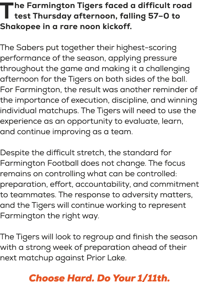 The Farmington Tigers faced a difficult road test Thursday afternoon, falling 57–0 to Shakopee in a rare noon kickoff...