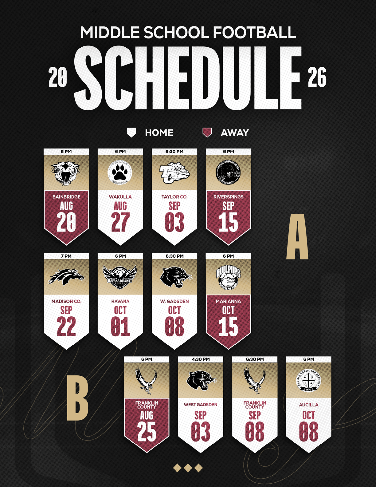 Middle school football schedule for 2026 with home and away games listed by date and team logos in a maroon, white, and gold color scheme. Description generated by AI