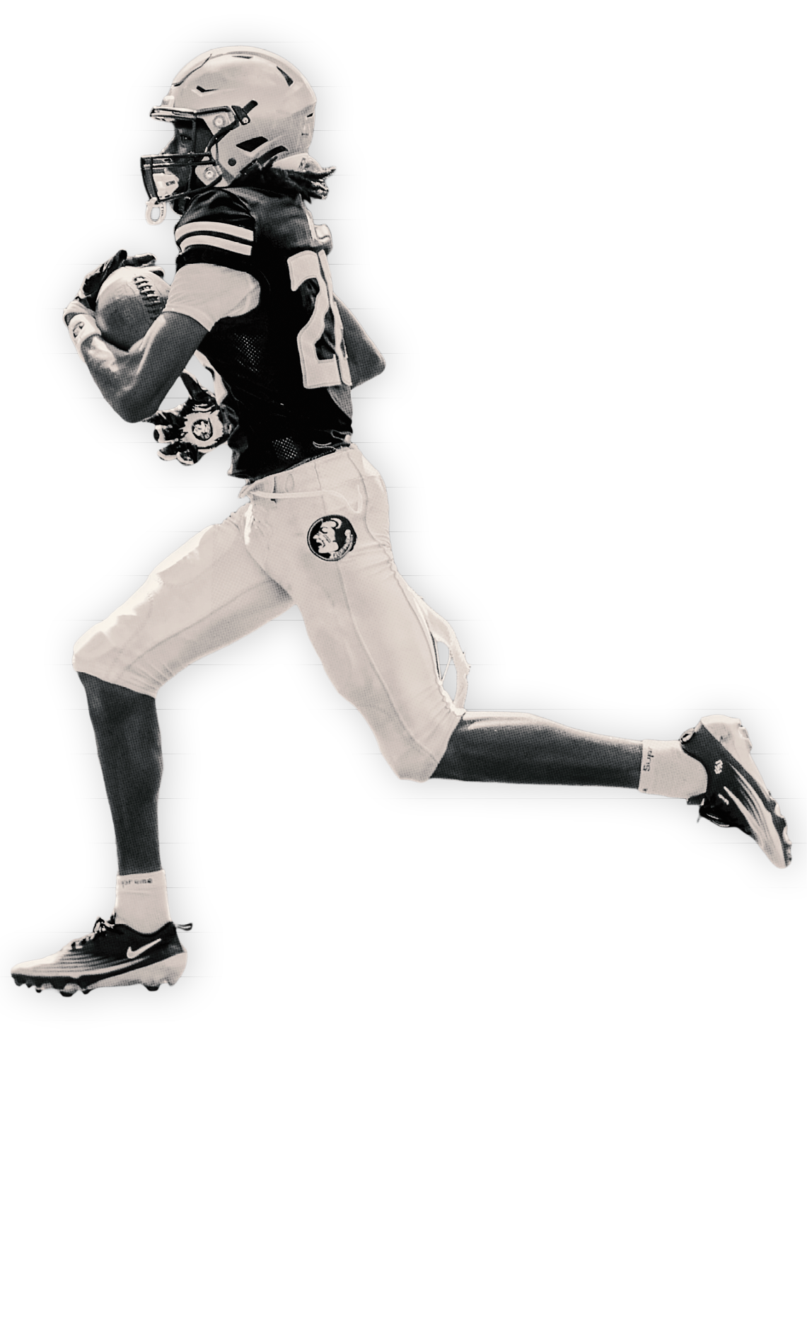 A person wearing a football uniform and helmet is running while holding a football securely. Description generated by AI