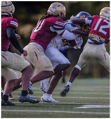 Several people wearing sports uniforms are actively engaged in a football game on a grassy field. Description generated by AI