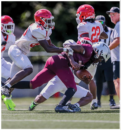 A group of people wearing football uniforms are actively engaged in a tackle on a grassy field during a game. Description generated by AI