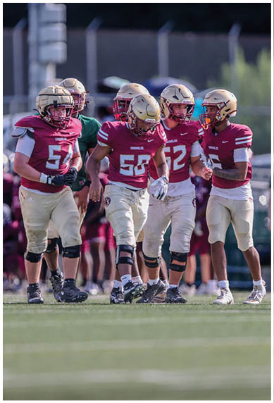 Several people wearing maroon and beige football uniforms and helmets stand together on a grassy field during a game or practice. Description generated by AI
