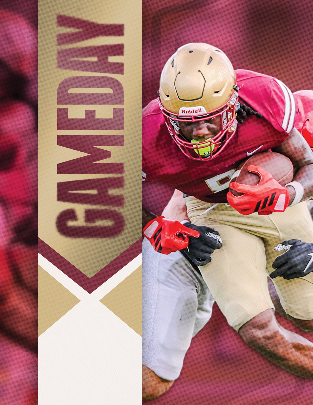 A person wearing a gold helmet and red sports uniform is running with a football while being tackled by another person in a white uniform, with the word GAMEDAY displayed vertically on the left side. Description generated by AI