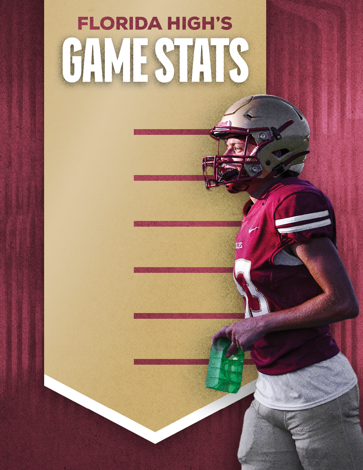 A person wearing a football helmet and maroon jersey stands next to a banner that reads Florida High's Game Stats. Description generated by AI