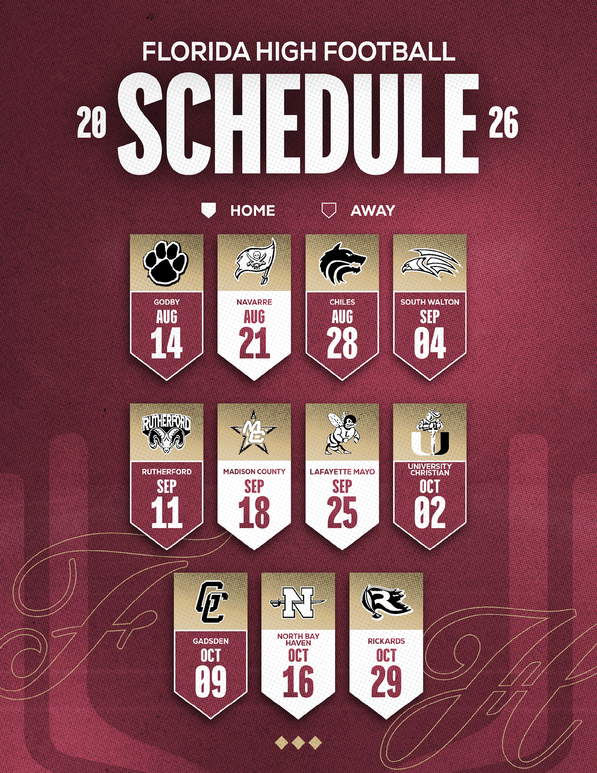 The Florida High Football 2026 schedule is displayed with team logos and dates for home and away games on a maroon textured background. Description generated by AI