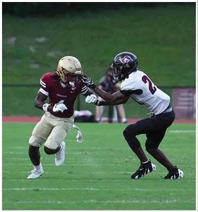 Two people in football uniforms are engaged in a play on a grassy field while a referee and other people watch from the sideline. Description generated by AI