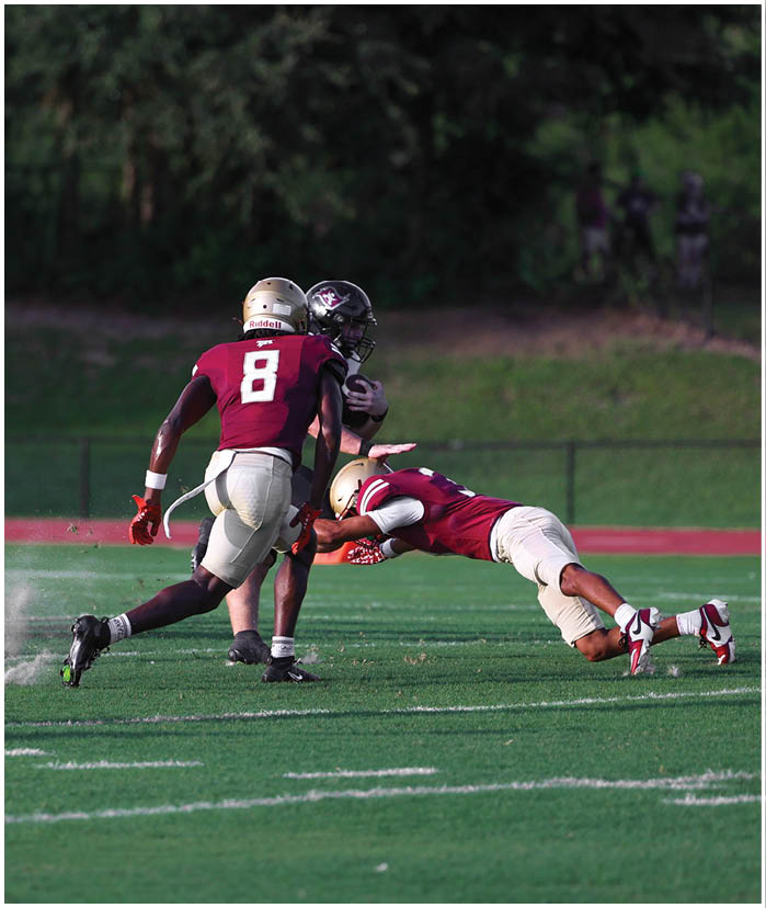 Three adults in football uniforms are on a grassy field with one person diving to tackle another who is holding a football while the third person runs nearby. Description generated by AI