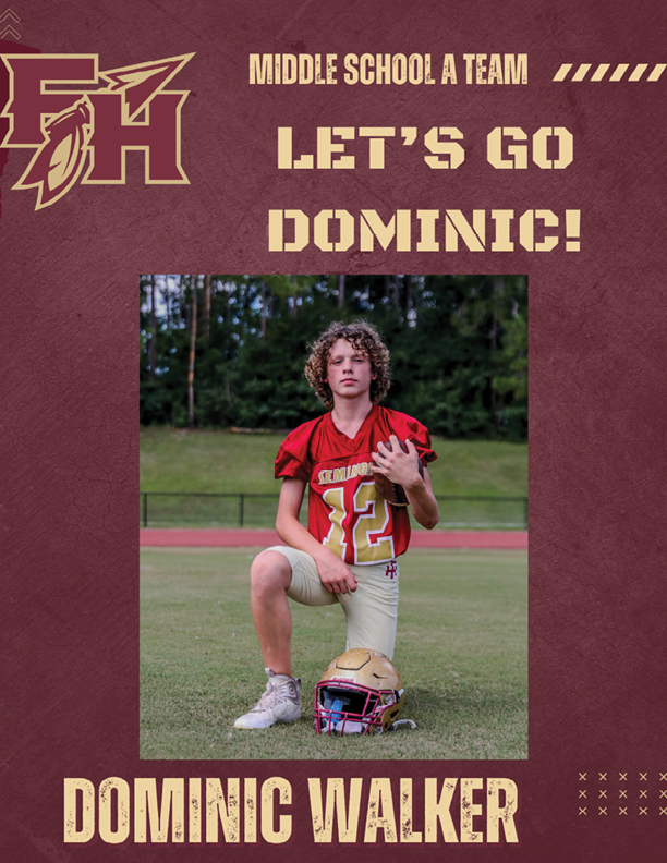 A person with curly hair wearing a red and yellow football uniform kneels on one knee on a grassy field with a football helmet on the ground in front, surrounded by text supporting the middle school football team and the name Dominic Walker. Description generated by AI