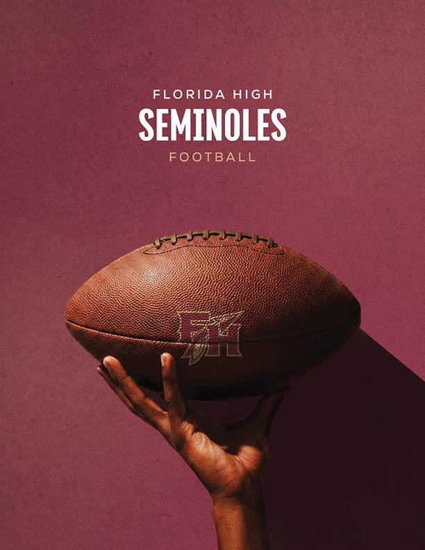 A hand is holding a football against a maroon background with the text Florida High Seminoles Football above it. Description generated by AI