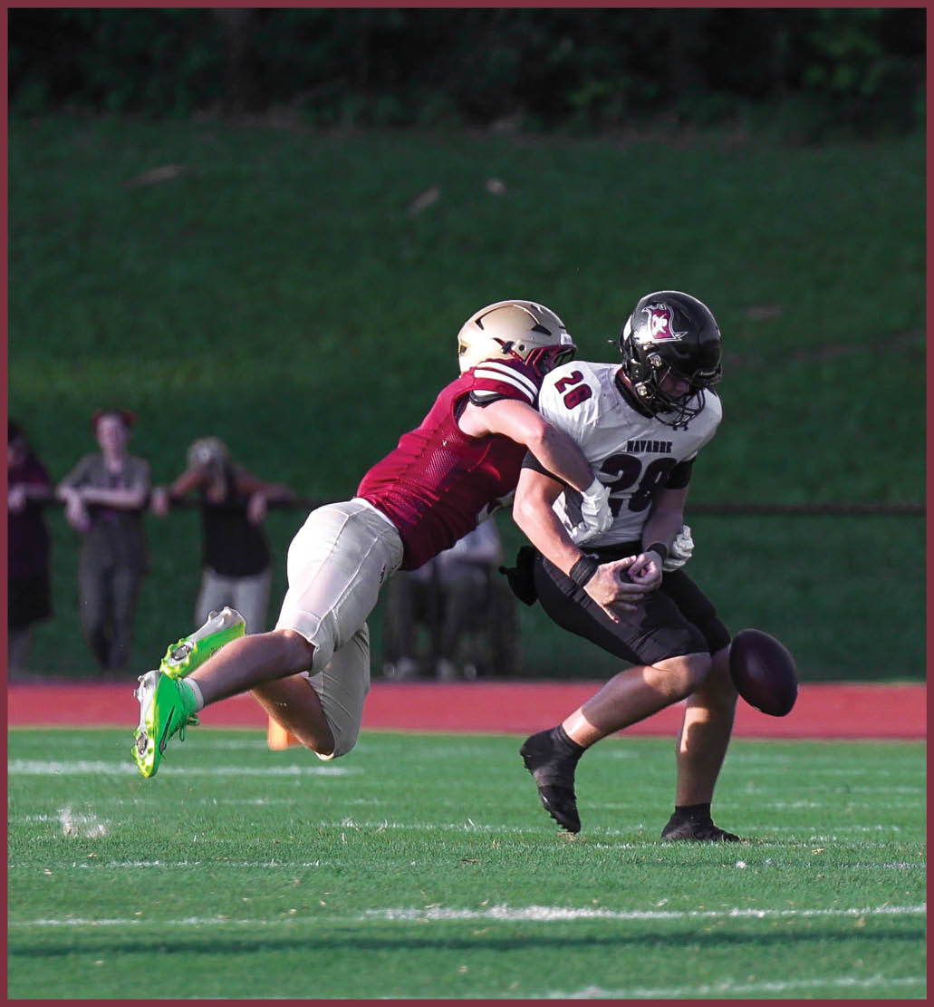 A person in a red jersey tackles another person in a white jersey during a football game on a grassy field with a few spectators in the background. Description generated by AI