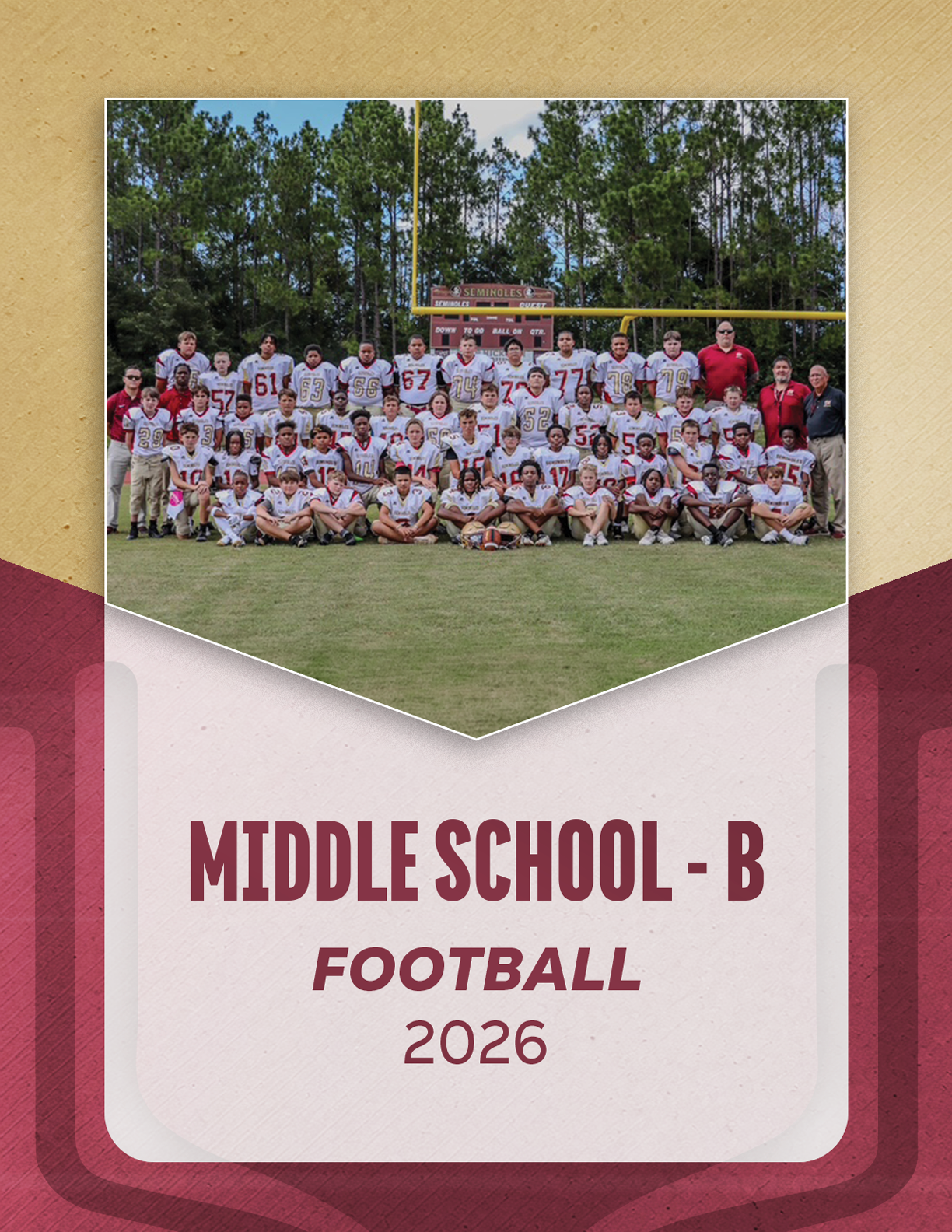 A large group of people in red and white football uniforms pose together on a grassy field with trees and a scoreboard in the background above the text reading varsity football 2026. Description generated by AI