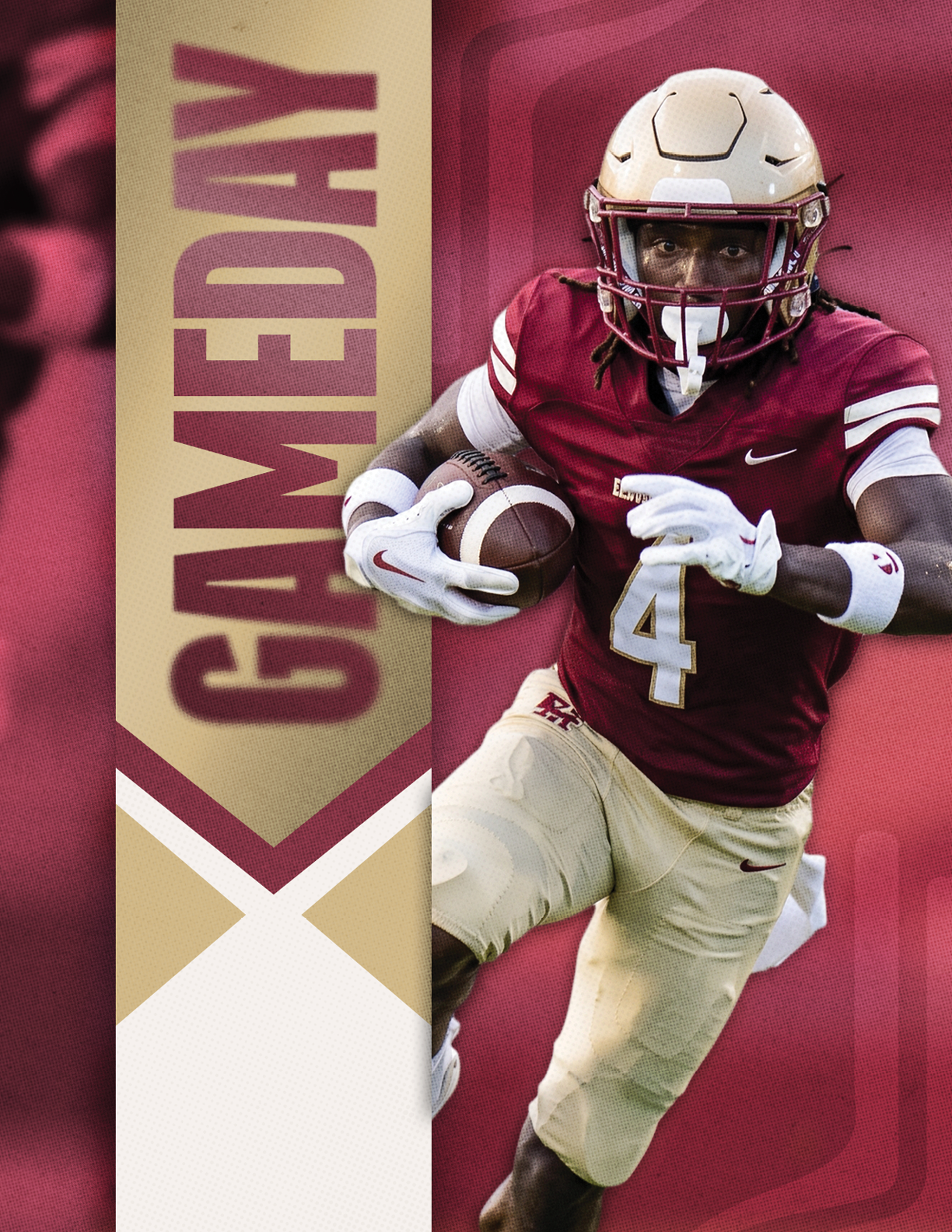 A person wearing a maroon and gold football uniform with the number 4 is running while holding a football next to a vertical banner that says GAMEDAY. Description generated by AI