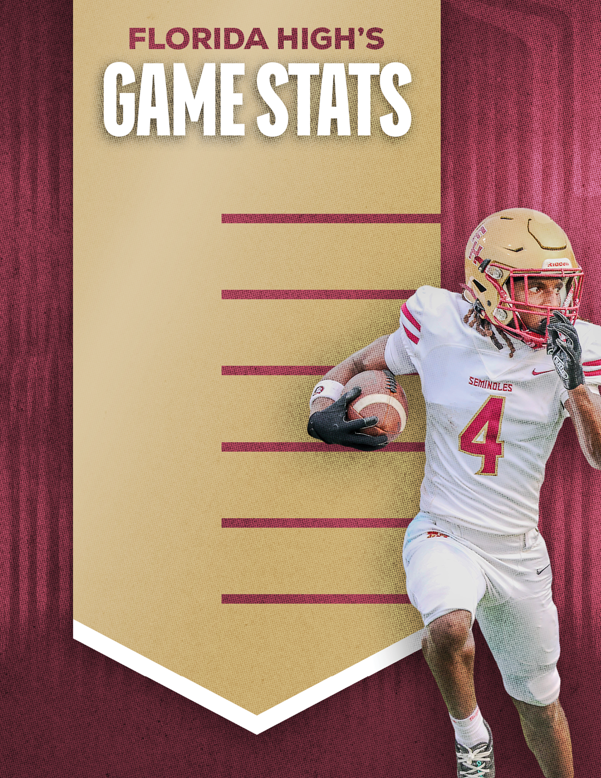 A person wearing a football helmet and maroon jersey stands next to a banner that reads Florida High's Game Stats. Description generated by AI