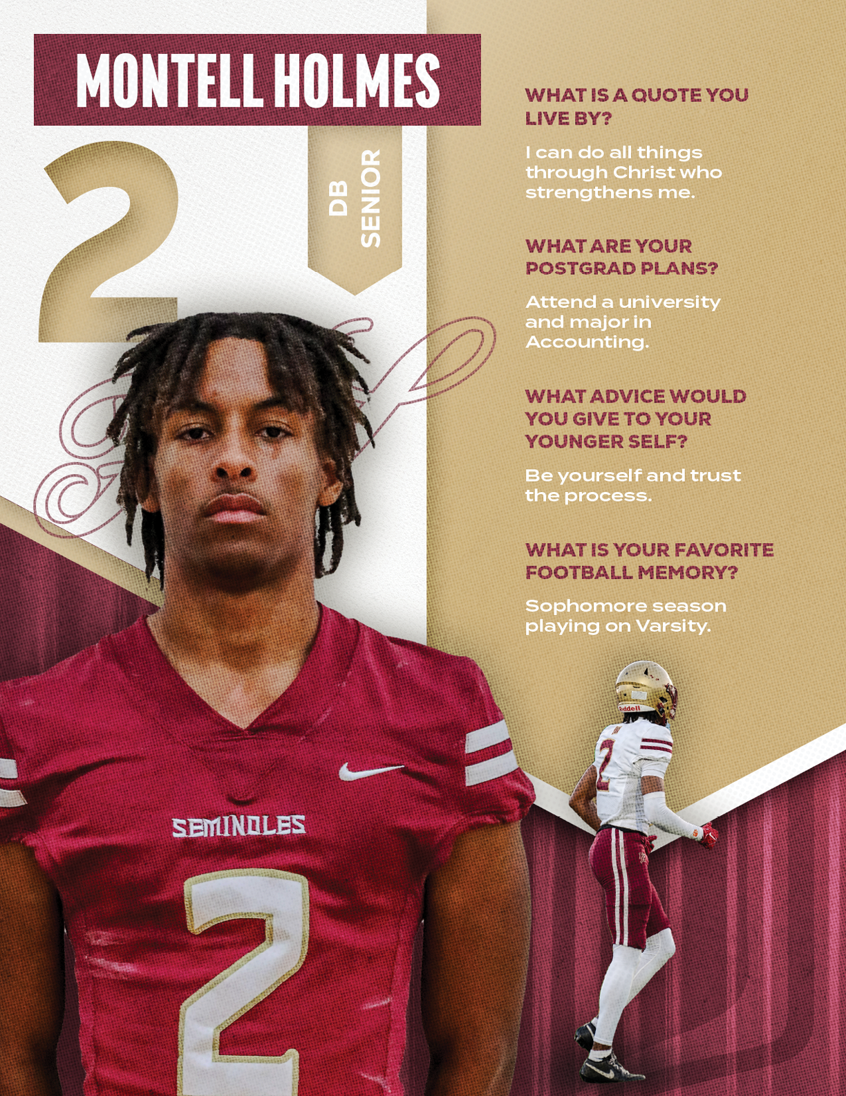 A person with short dreadlocks wearing a red football jersey with the number two stands in front of a beige background with text about their favorite football memory, advice to their younger self, post-graduation plans, and a quote they live by. Description generated by AI