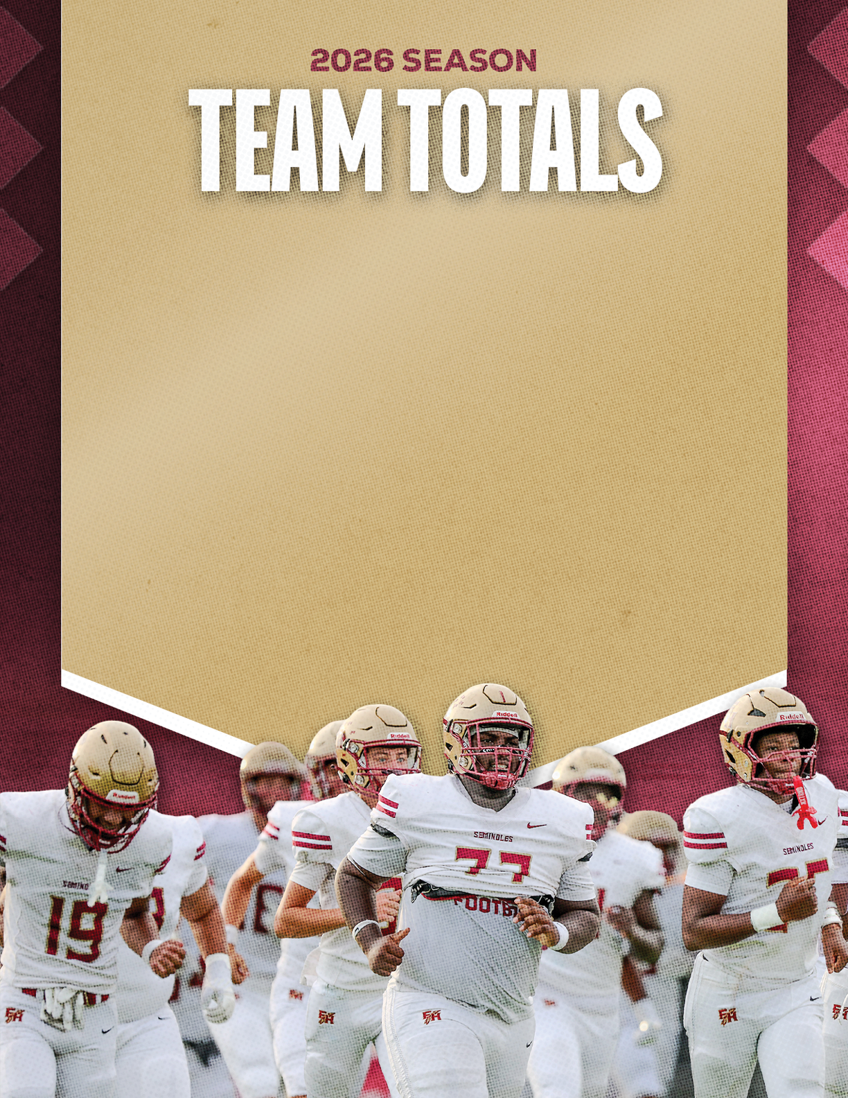 A group of people wearing maroon and white football uniforms are gathered on a field beneath a banner that reads 2026 Season Team Totals. Description generated by AI