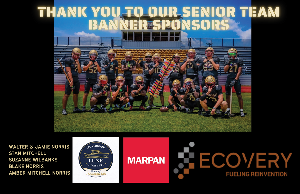 A group of people in football uniforms pose on a field with a banner above thanking senior team banner sponsors and logos of sponsors below. Description generated by AI