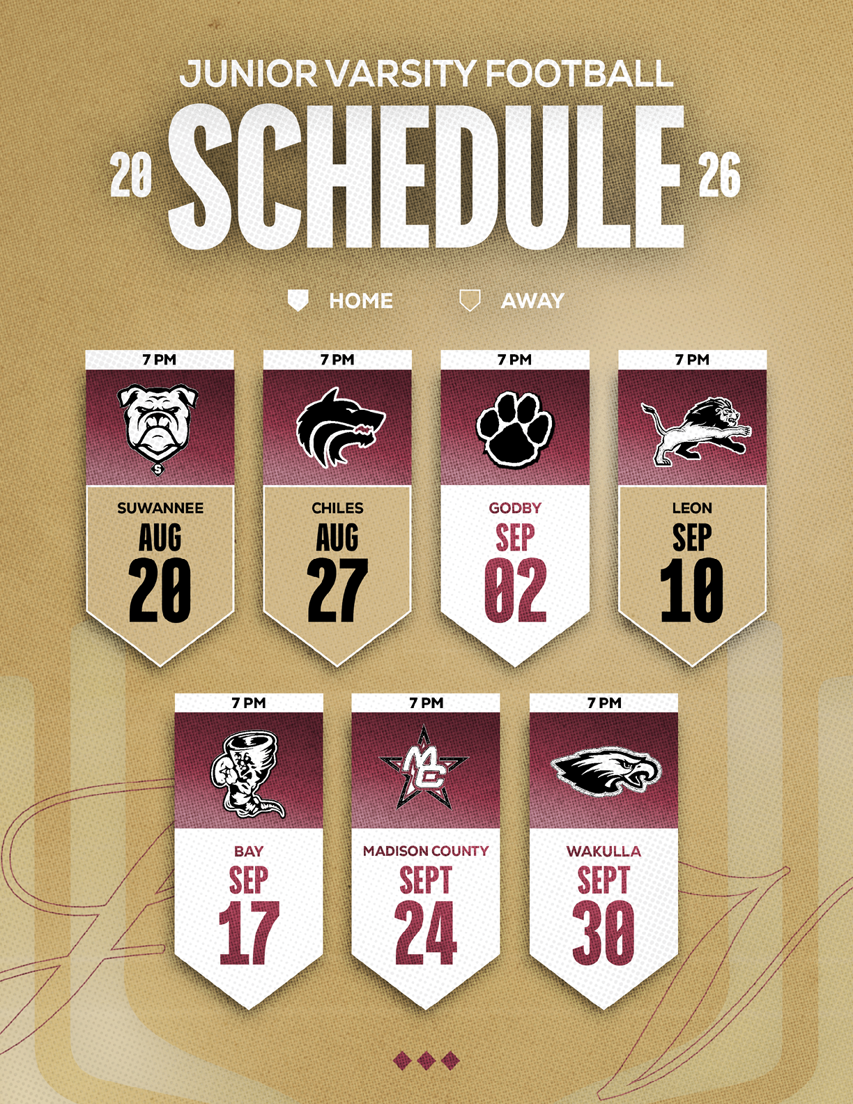 The 2026 junior varsity football schedule is displayed with team logos, game dates, and times, distinguishing home and away games on a beige background with a football field design. Description generated by AI