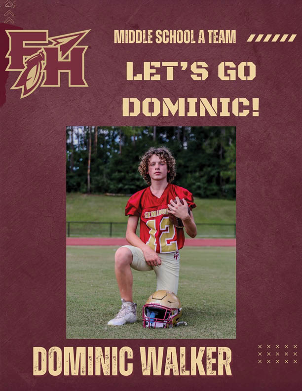 A person with curly hair wearing a red football jersey kneels on one knee on a grassy field with a gold helmet placed in front, surrounded by text supporting the middle school A team player named Dominic Walker. Description generated by AI