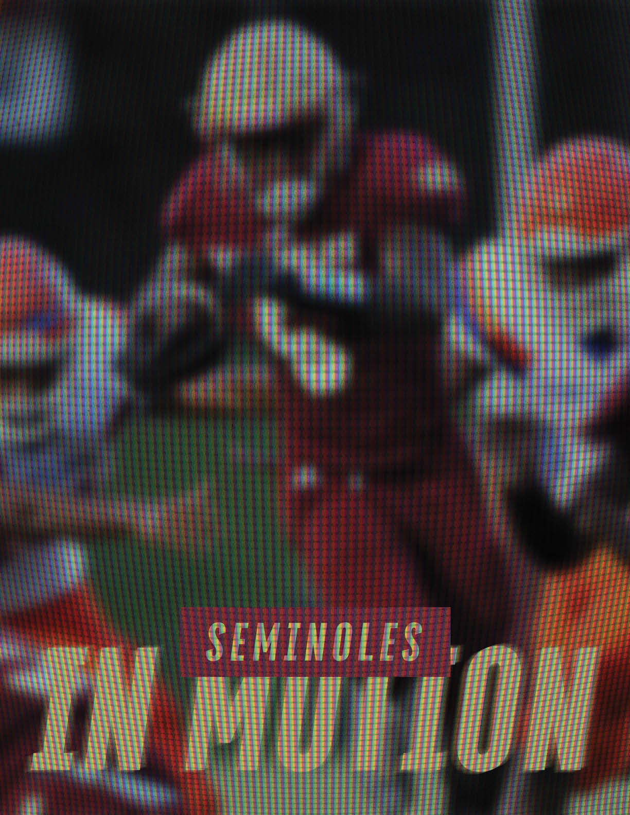 A person in a red football uniform and helmet is running with a football while two people in white and orange uniforms chase from behind with the text “Seminoles In Motion" overlaid. Description generated by AI