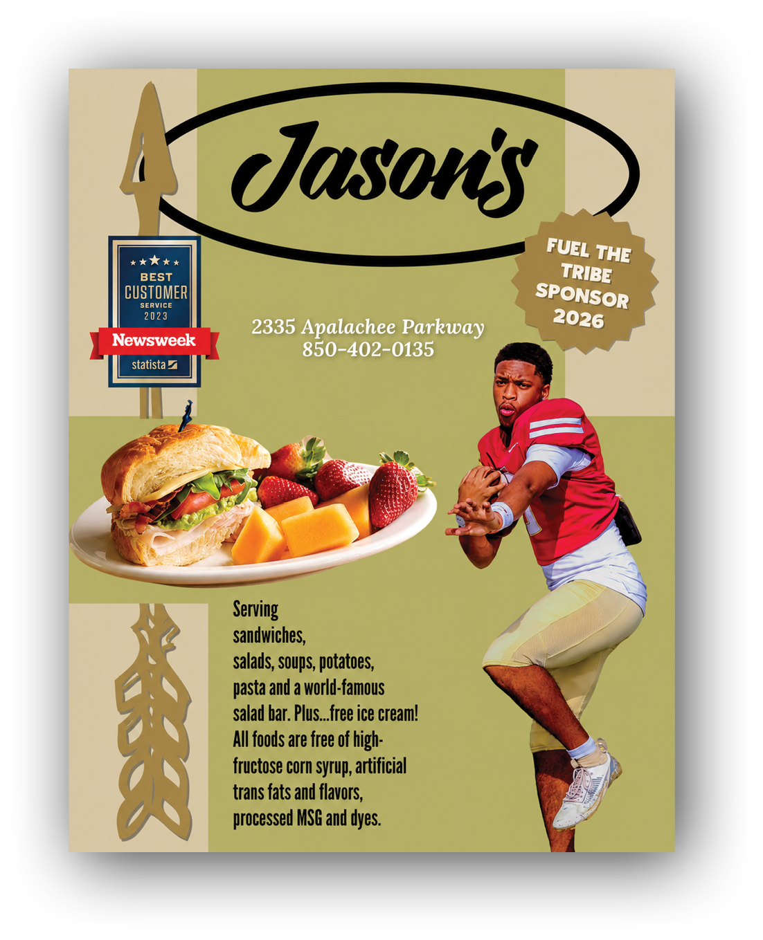 A promotional graphic for Jason's restaurant features a plate with a sandwich, strawberries, and cheese cubes alongside a person in a football uniform reaching out, with text highlighting the restaurant's address, menu offerings, and sponsorship for 2026. Description generated by AI