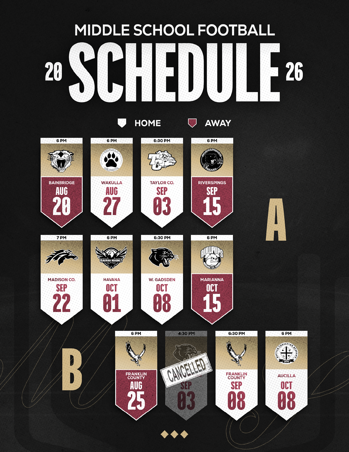 Middle school football schedule for 2026 with home and away games displayed on a dark background using maroon, white, and gold colors and featuring team logos and dates. Description generated by AI