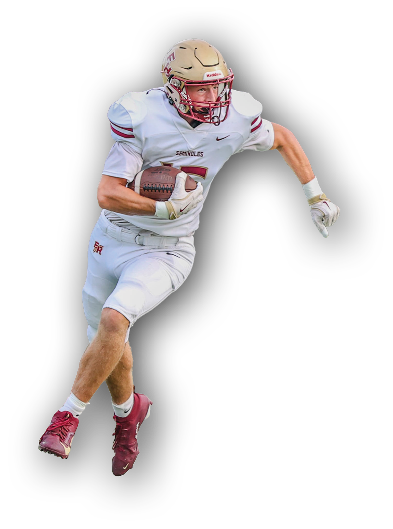 An adult wearing a white football uniform with red accents is running while holding a football tightly. Description generated by AI